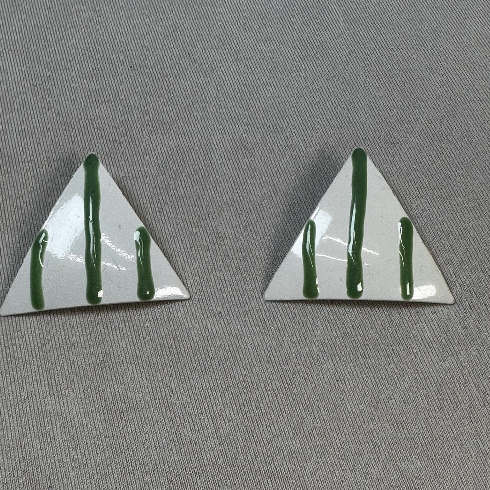 Vintage 80's White Green‎ Stripe Enamel Earrings